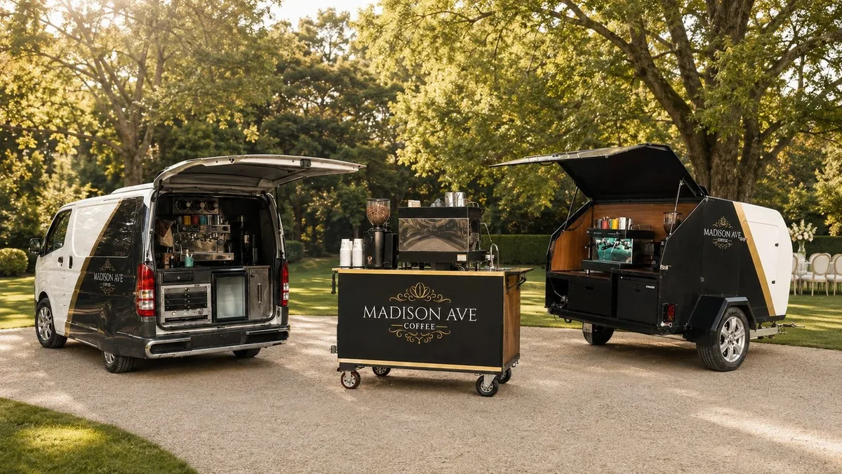 Madison Ave coffee van, coffee cart and trailer set up for an event in a Sydney garden